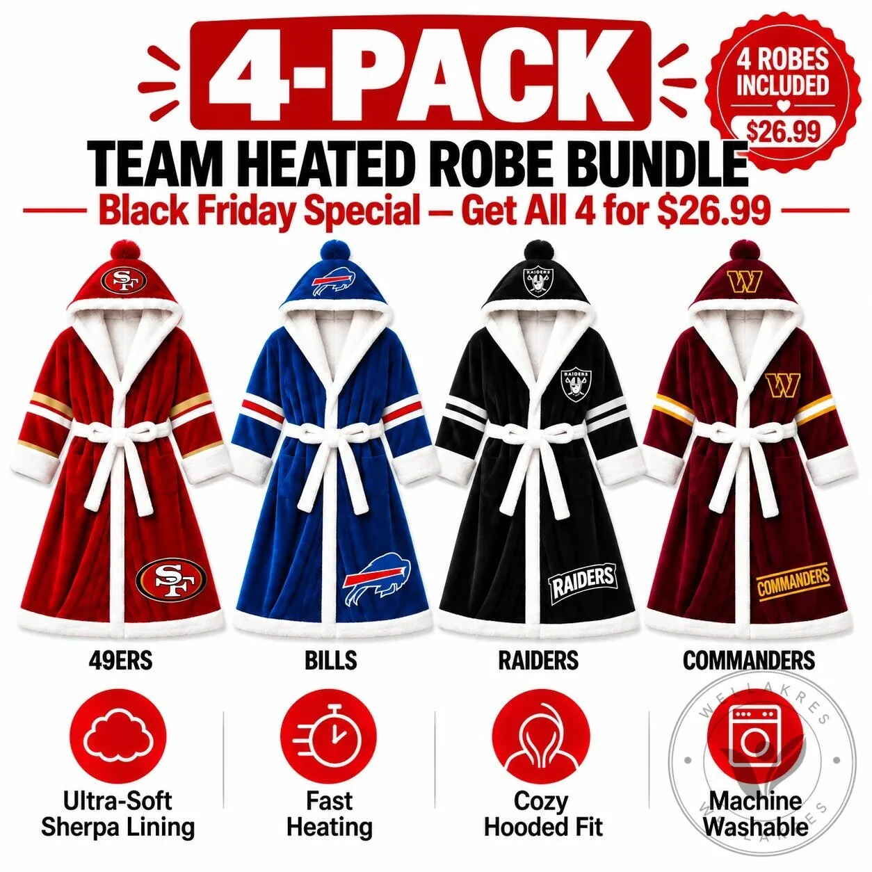Gameday NFL Team Heated Robe Bundle with Hooded Fit and Sherpa Lining 21 Gameday NFL Team Heated Robe Bundle with Hooded Fit and Sherpa Lining