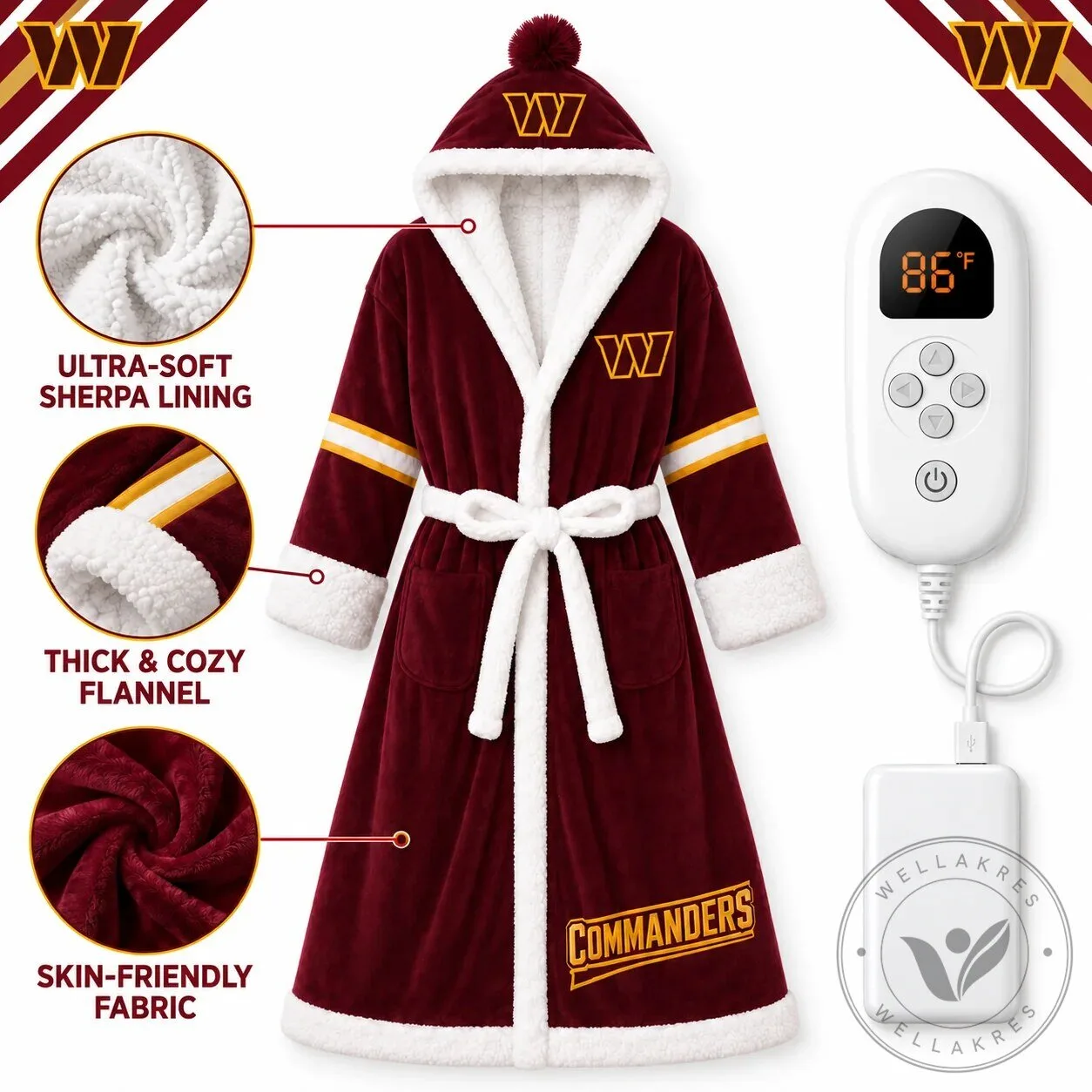 Gameday NFL Team Heated Robe Bundle with Hooded Fit and Sherpa Lining 27 Gameday NFL Team Heated Robe Bundle with Hooded Fit and Sherpa Lining