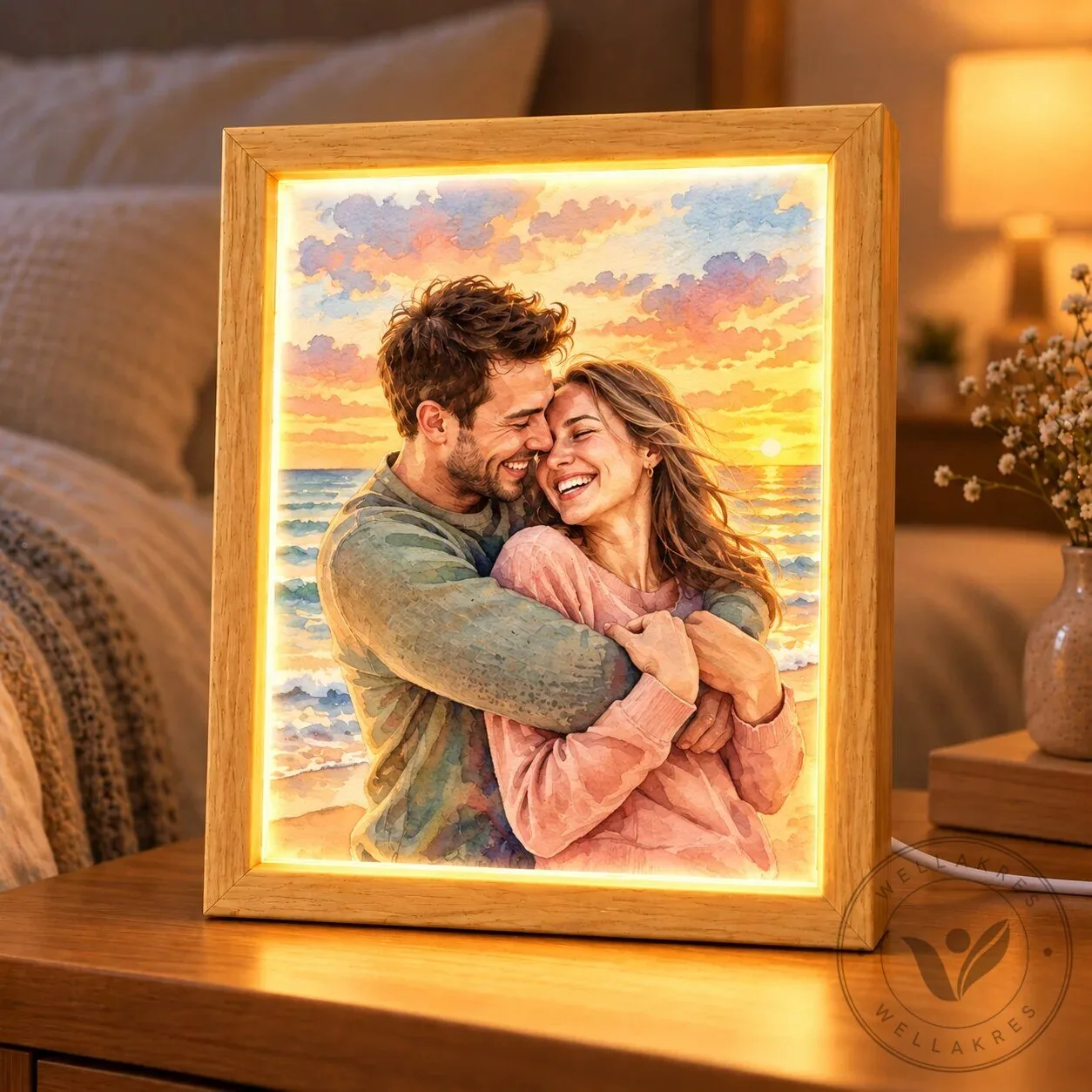 Personalized Couple Watercolor Portrait Light Box, Custom Photo Frame for Anniversary Gift