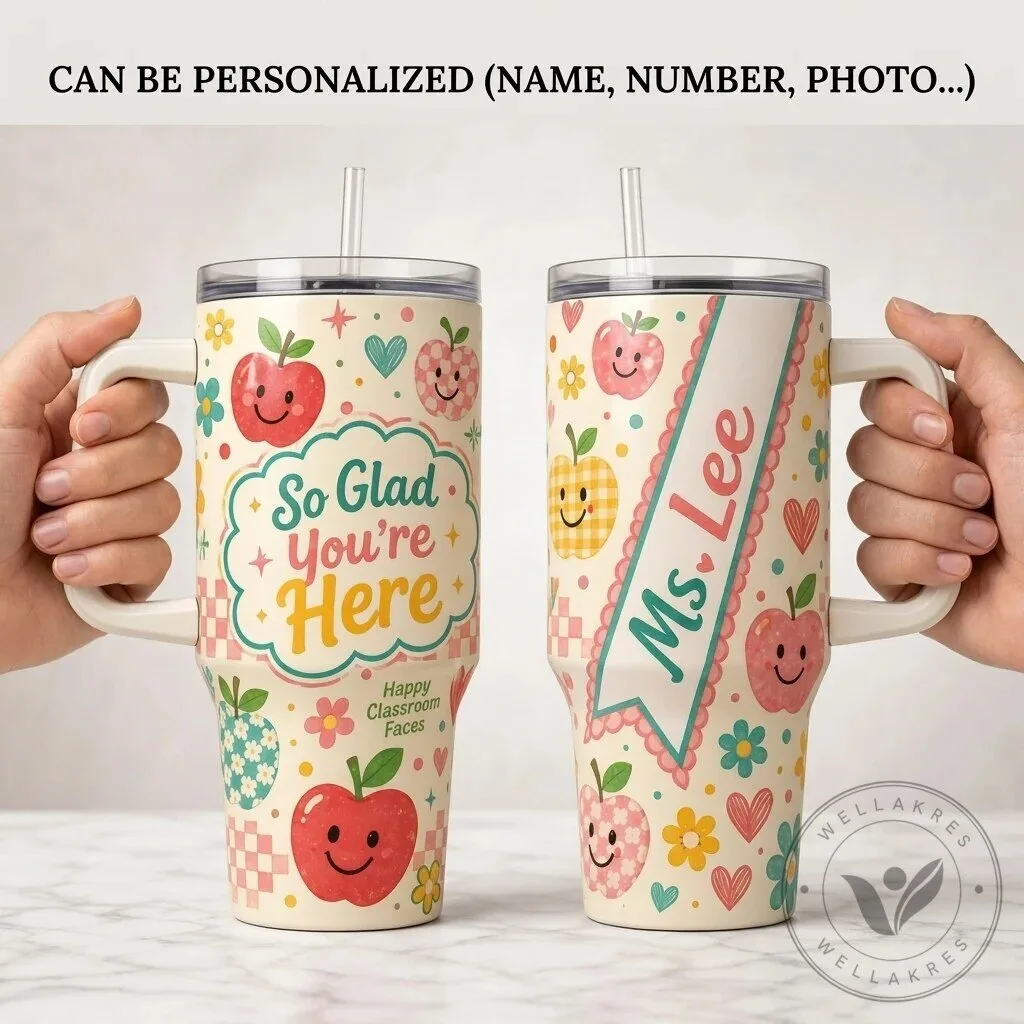 Personalized Teacher Appreciation Tumbler with Handle - So Glad You're Here Gift 2 Personalized Teacher Appreciation Tumbler with Handle - So Glad You're Here Gift