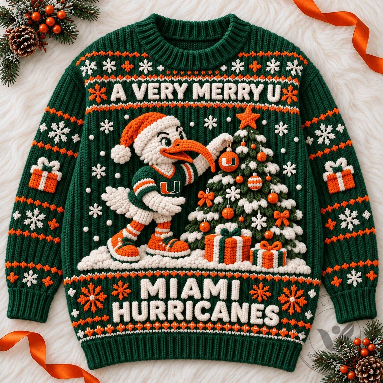 Miami Hurricanes Sebastian the Ibis Christmas Holiday Crewneck Sweatshirt 2 Miami Hurricanes Sebastian the Ibis Christmas Holiday Crewneck Sweatshirt