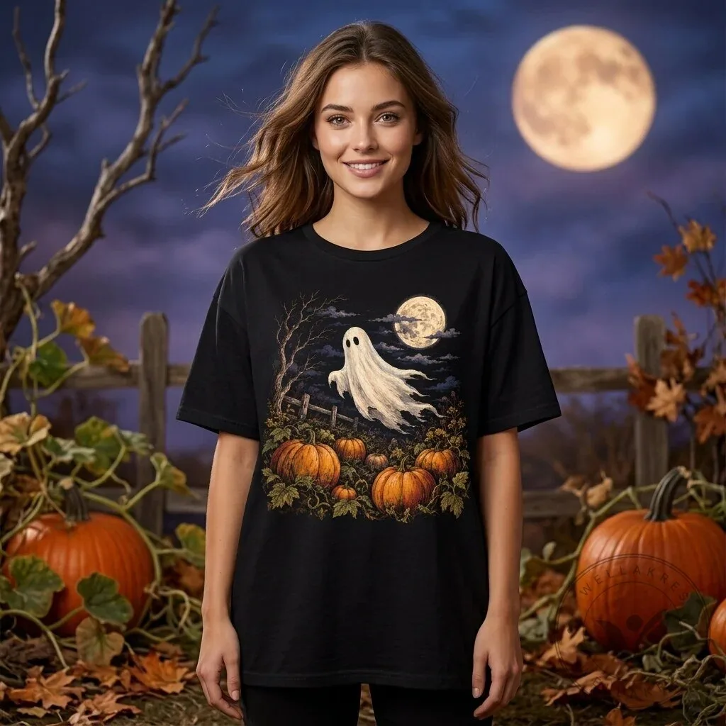 Spooky Ghost Pumpkin Patch Halloween Full Moon Night Scene T-Shirt 11 Spooky Ghost Pumpkin Patch Halloween Full Moon Night Scene T-Shirt