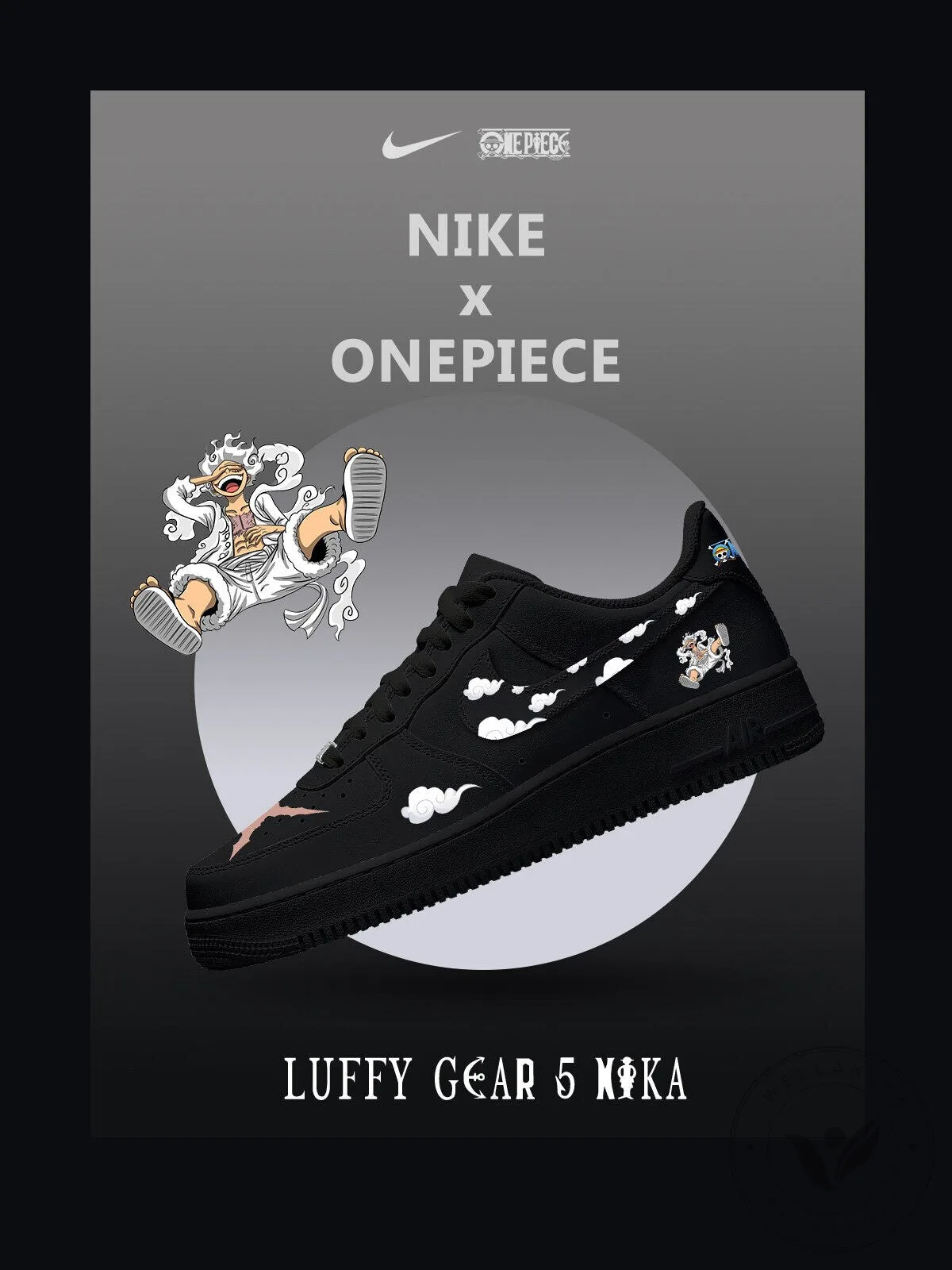 One Piece Luffy Gear 5 Nika Anime Black Custom Printed Sneakers 1 One Piece Luffy Gear 5 Nika Anime Black Custom Printed Sneakers