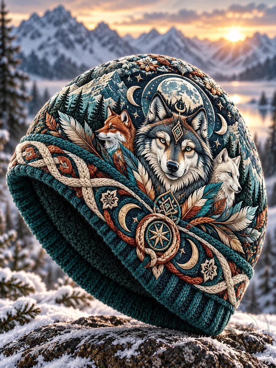 Nordic Wolf and Fox Winter Knit Beanie Hat with Mountain Landscape Design