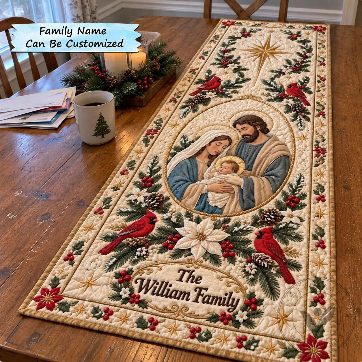 Personalized Nativity Scene Quilted Christmas Table Runner with Family Name