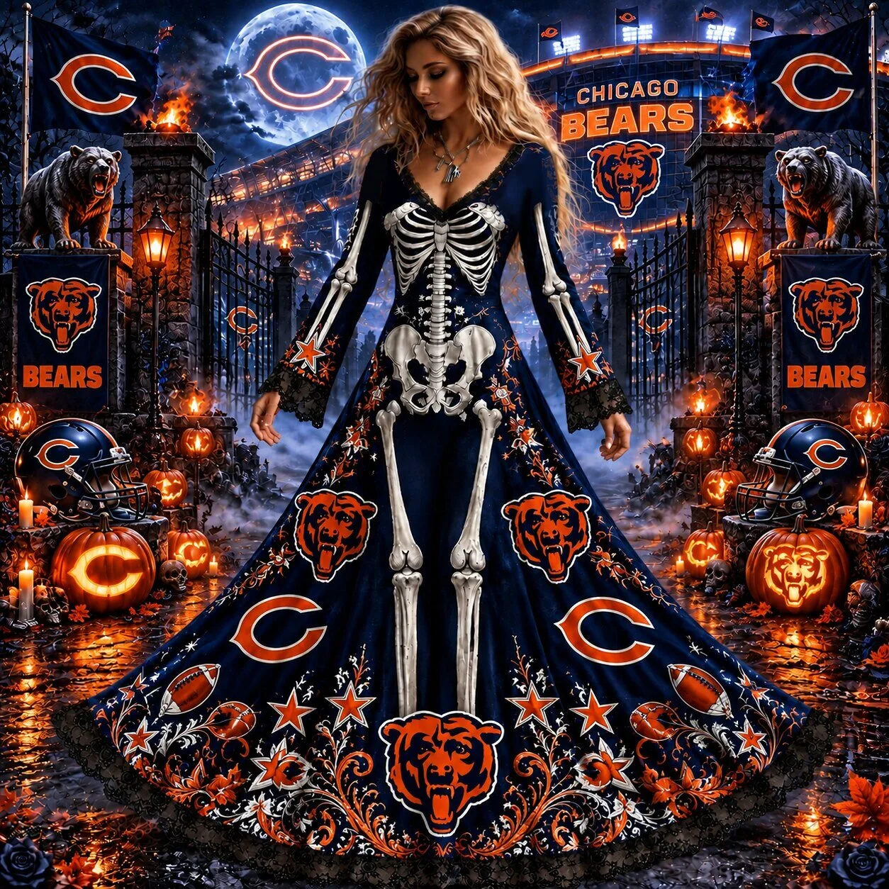 Chicago Bears Halloween Skeleton Gown Dress for Women 3 Chicago Bears Halloween Skeleton Gown Dress for Women