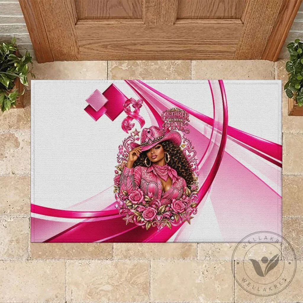 Western Wear Black Cowgirl Breast Cancer Awareness Pink Ribbon Doormat