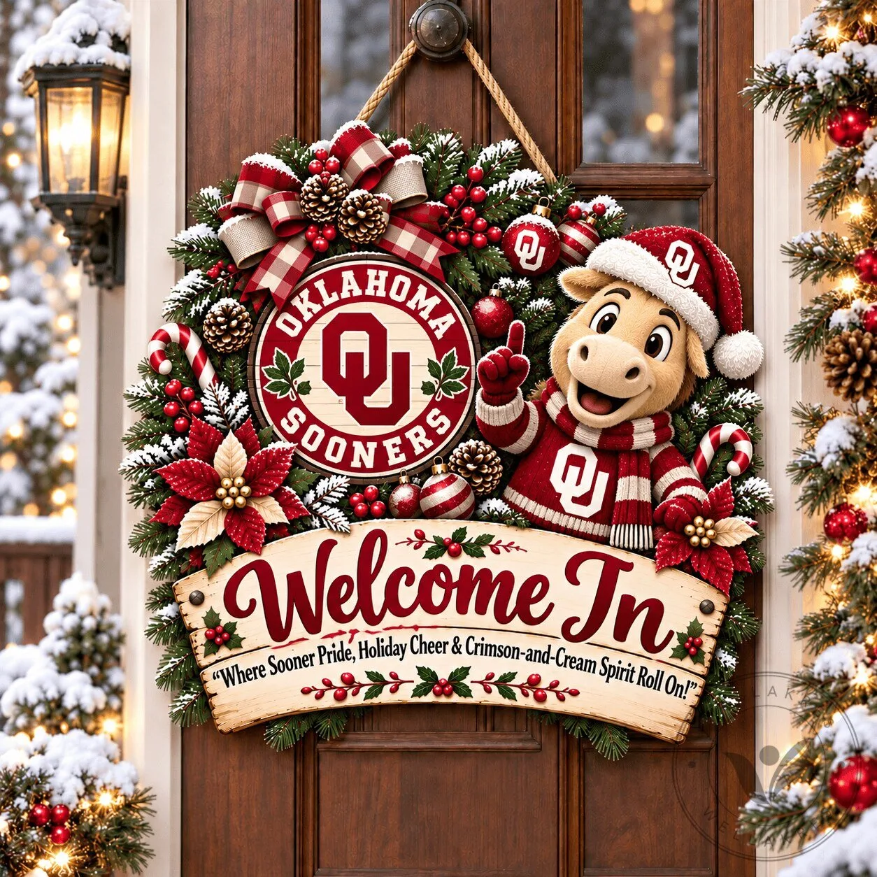 Oklahoma Sooners Mascot Christmas Welcome Holiday Door Hanger Wreath