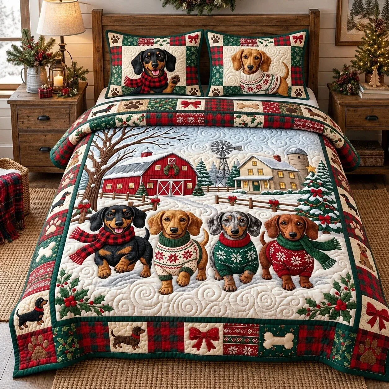 Christmas Dachshund Dogs Winter Farm Scene Quilted Bedding Set