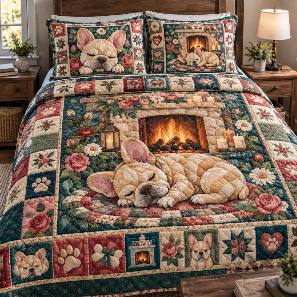 French Bulldog Sleeping by Fireplace Quilted Bedding Set with Pillow Shams 67 French Bulldog Sleeping by Fireplace Quilted Bedding Set with Pillow Shams
