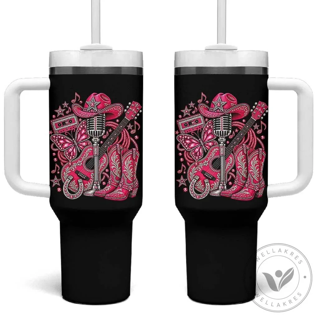 Pink Glam Cowgirl Boots Butterfly Rhinestone Country Music Tribute Tumbler with Handle 1 Pink Glam Cowgirl Boots Butterfly Rhinestone Country Music Tribute Tumbler with Handle