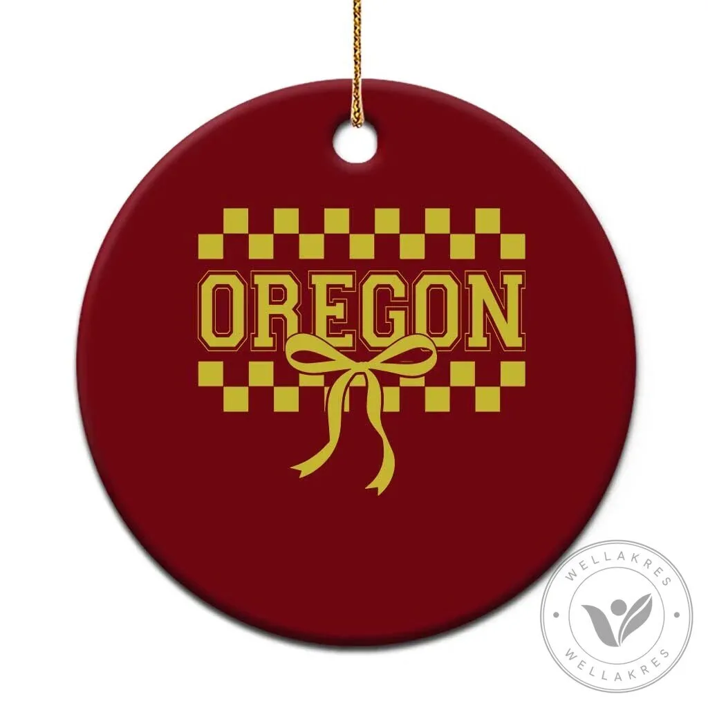 Oregon Checkered Bow Game Day Ceramic Christmas Ornament 5 Oregon Checkered Bow Game Day Ceramic Christmas Ornament
