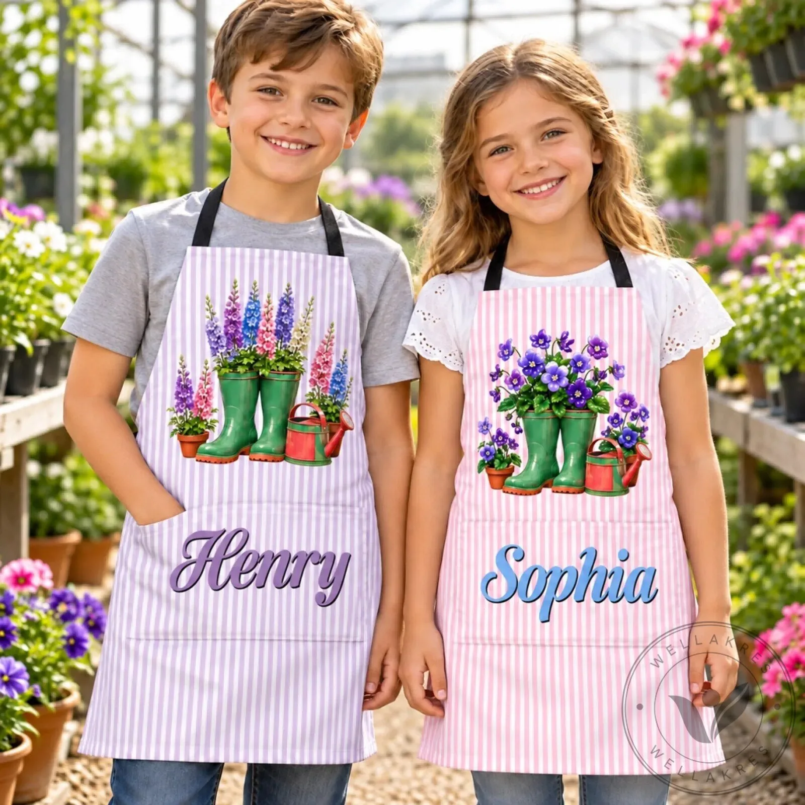 Personalized Gardening Boots And Flowers Kids Apron With Pocket