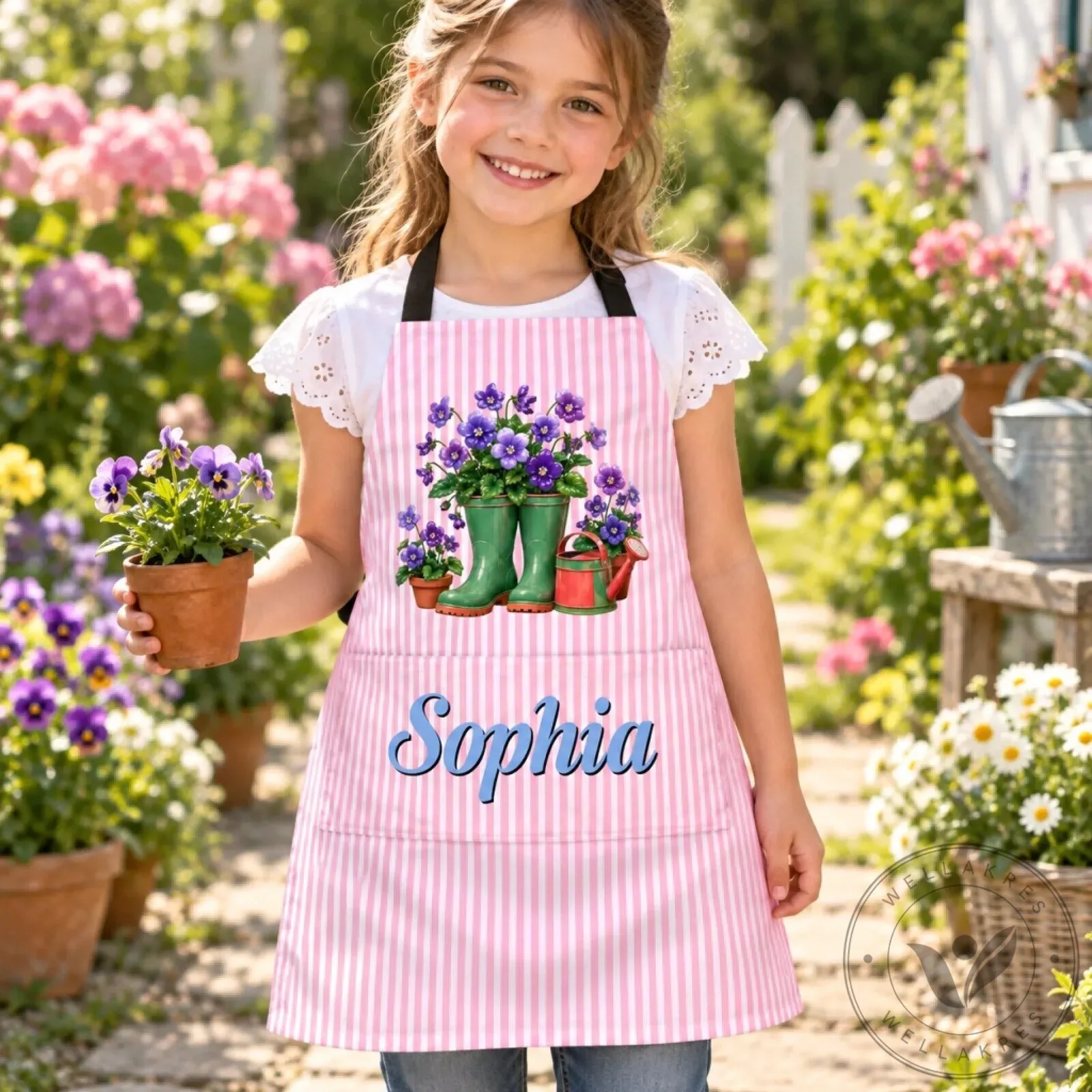 Personalized Gardening Boots And Flowers Kids Apron With Pocket 6 Personalized Gardening Boots And Flowers Kids Apron With Pocket