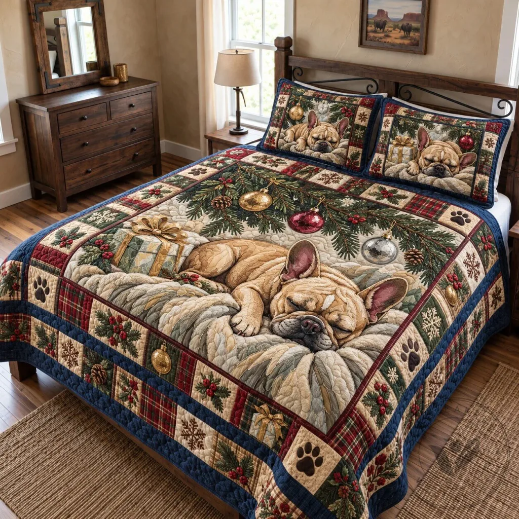 Sleeping French Bulldog Christmas Quilted Bedding Set with Pillow Shams Sleeping French Bulldog Christmas Quilted Bedding Set with Pillow Shams