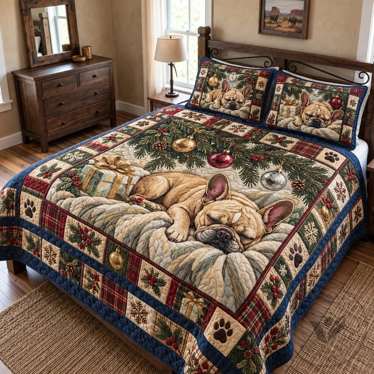 Sleeping French Bulldog Christmas Quilted Bedding Set with Pillow Shams 1 Sleeping French Bulldog Christmas Quilted Bedding Set with Pillow Shams