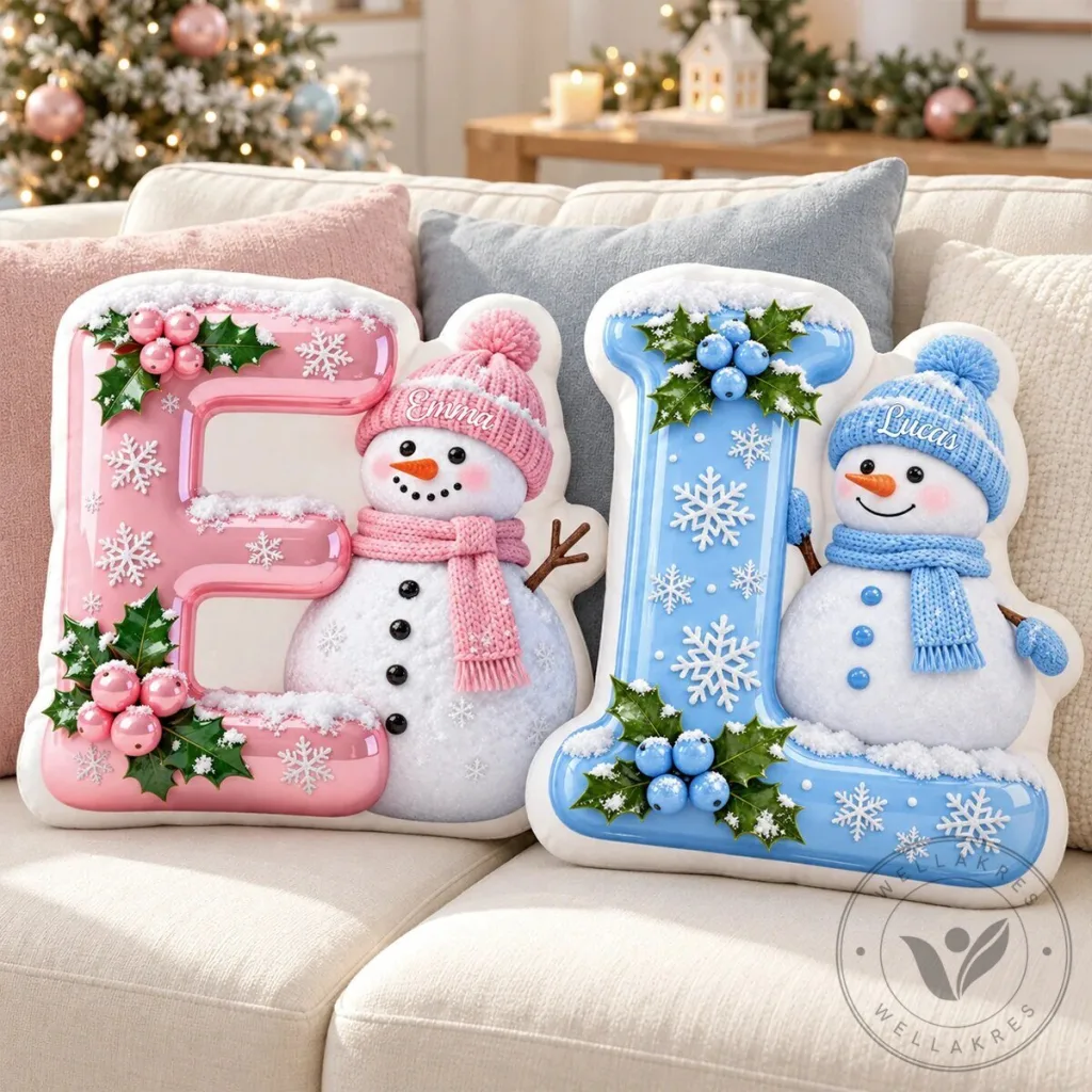 Personalized Snowman Initial Christmas Decorative Throw Pillow Personalized Snowman Initial Christmas Decorative Throw Pillow