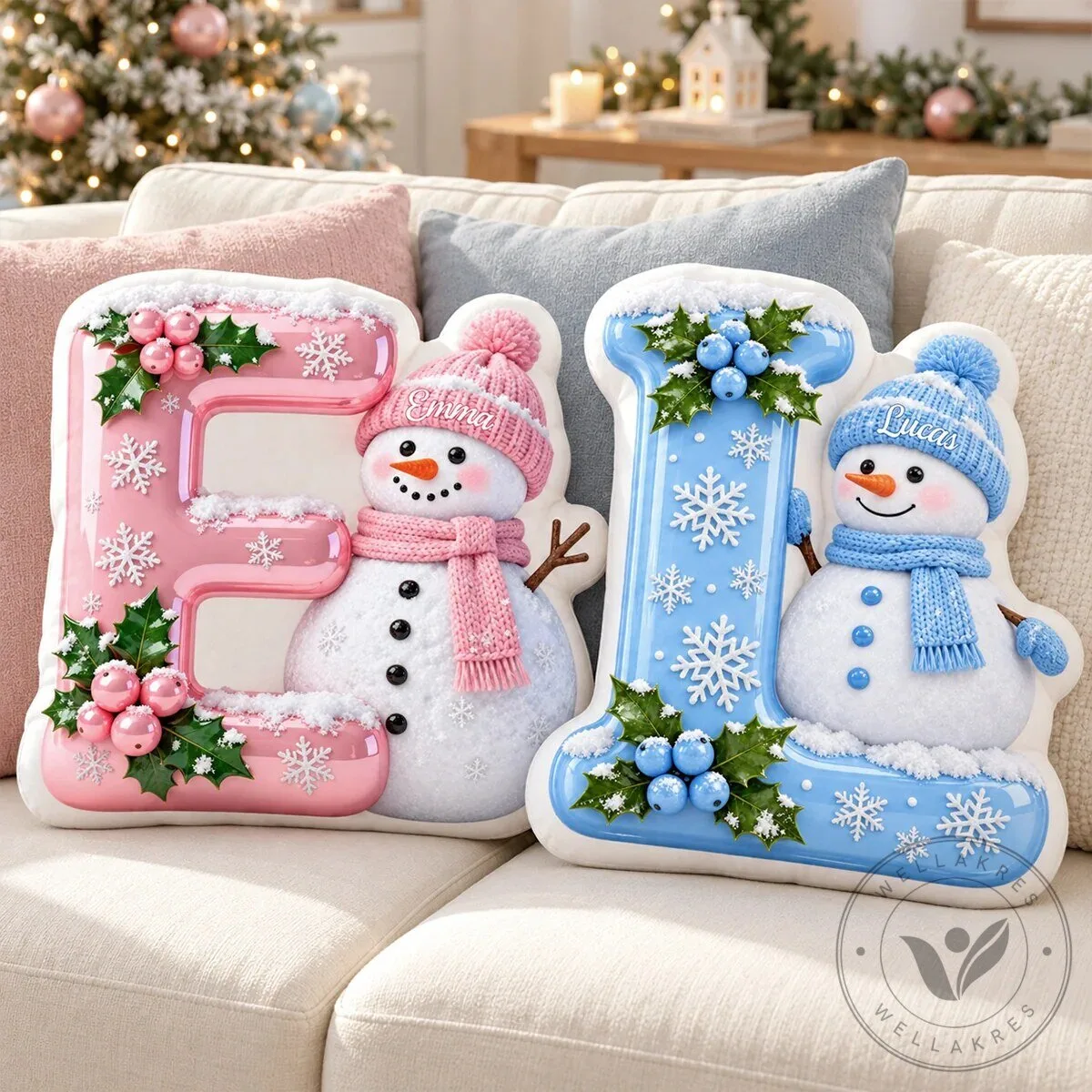 Personalized Snowman Initial Christmas Decorative Throw Pillow