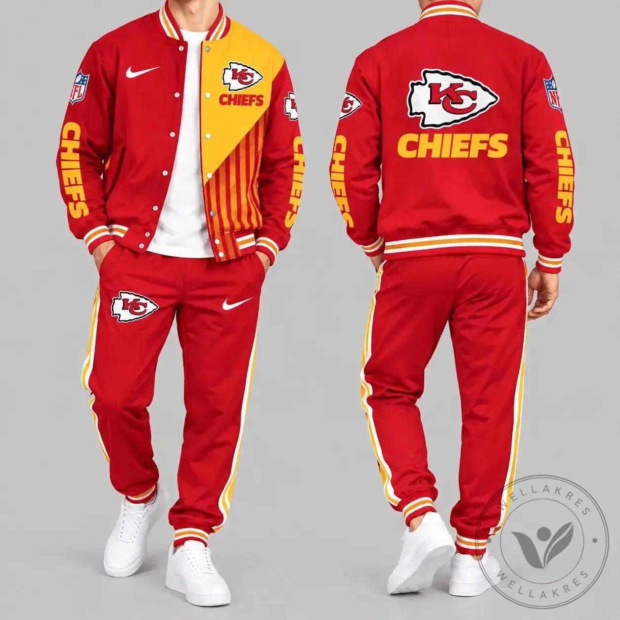 Kansas City Chiefs NFL Red Yellow Split Panel Varsity Jacket Jogger Set