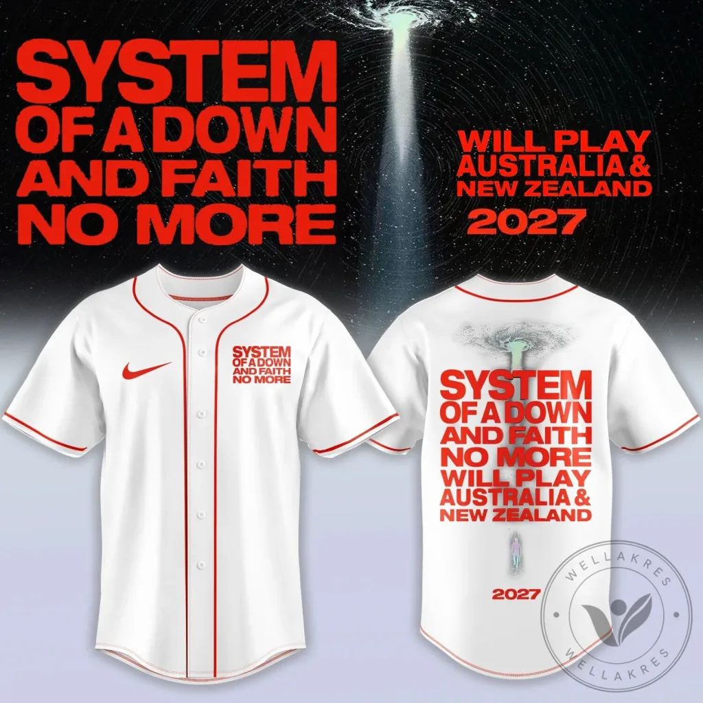 Baseball Jersey for the 2027 Australia New Zealand Tour by Faith No More & System of a Down Baseball Jersey for the 2027 Australia New Zealand Tour by Faith No More & System of a Down