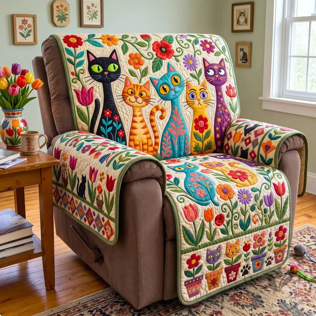 Folk Art Cats Floral Quilted Recliner Cover Folk Art Cats Floral Quilted Recliner Cover