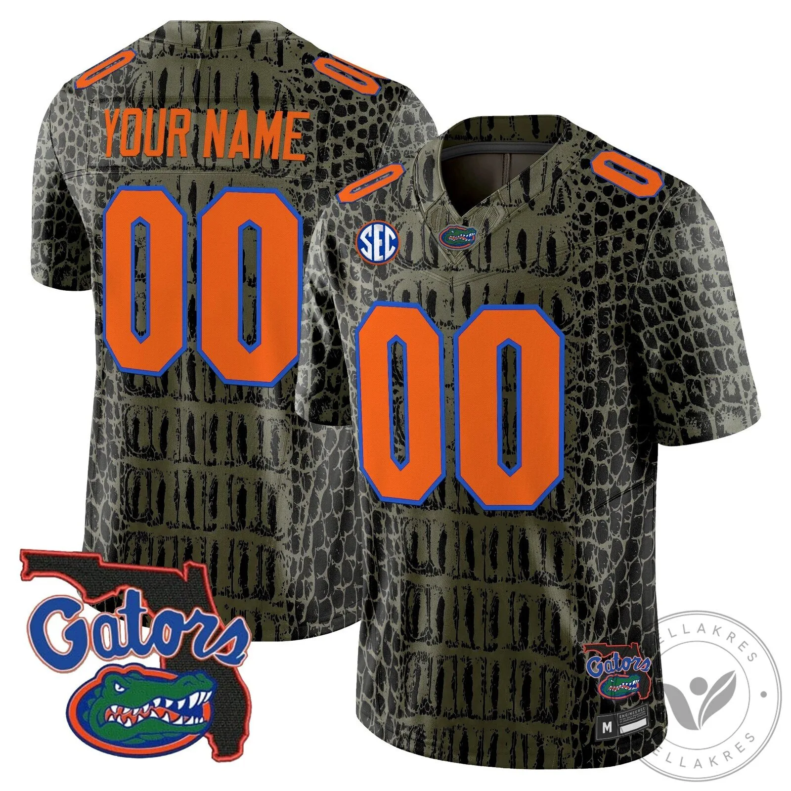 Custom Football Jersey in Olive Green with Alligator Skin Design for Florida Gators 1 Custom Football Jersey in Olive Green with Alligator Skin Design for Florida Gators