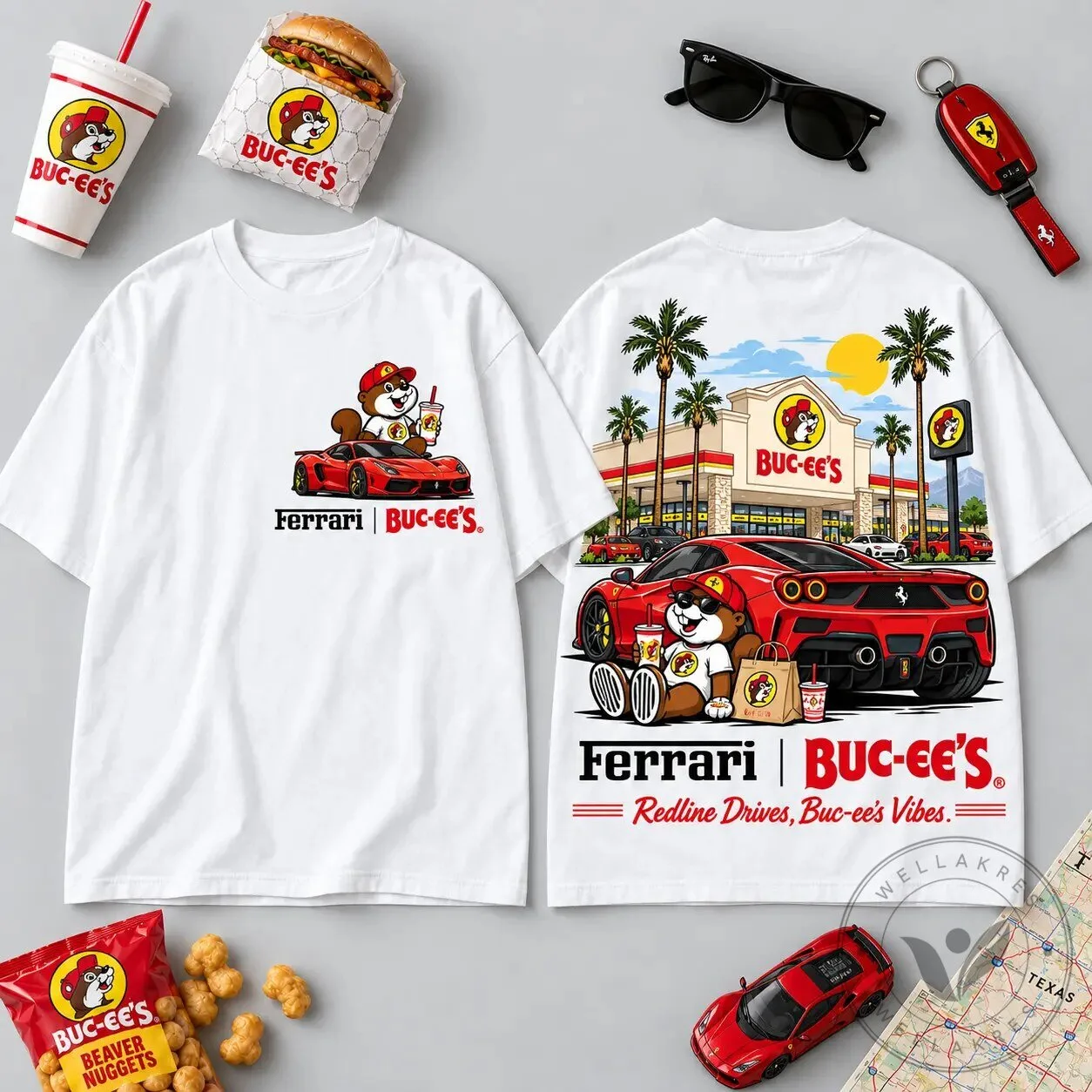 Buc-ee's Beaver Mascot Ferrari Sports Car Redline Drives White T-Shirt 3 Buc-ee