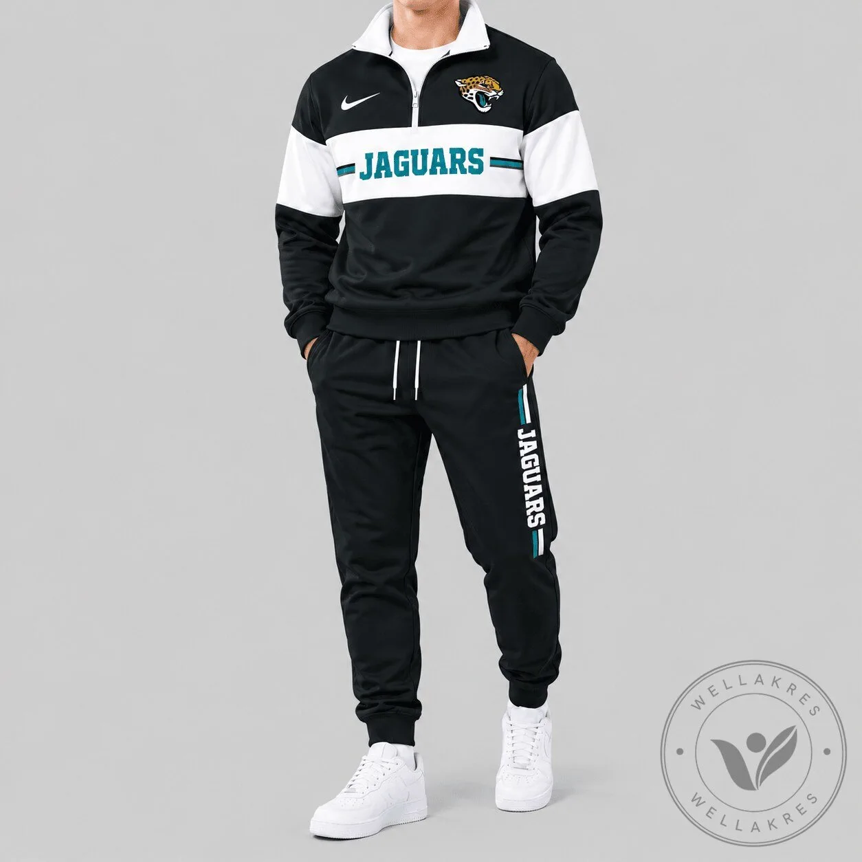 Jacksonville Jaguars NFL Black and White Chest Stripe Quarter Zip Sweatshirt