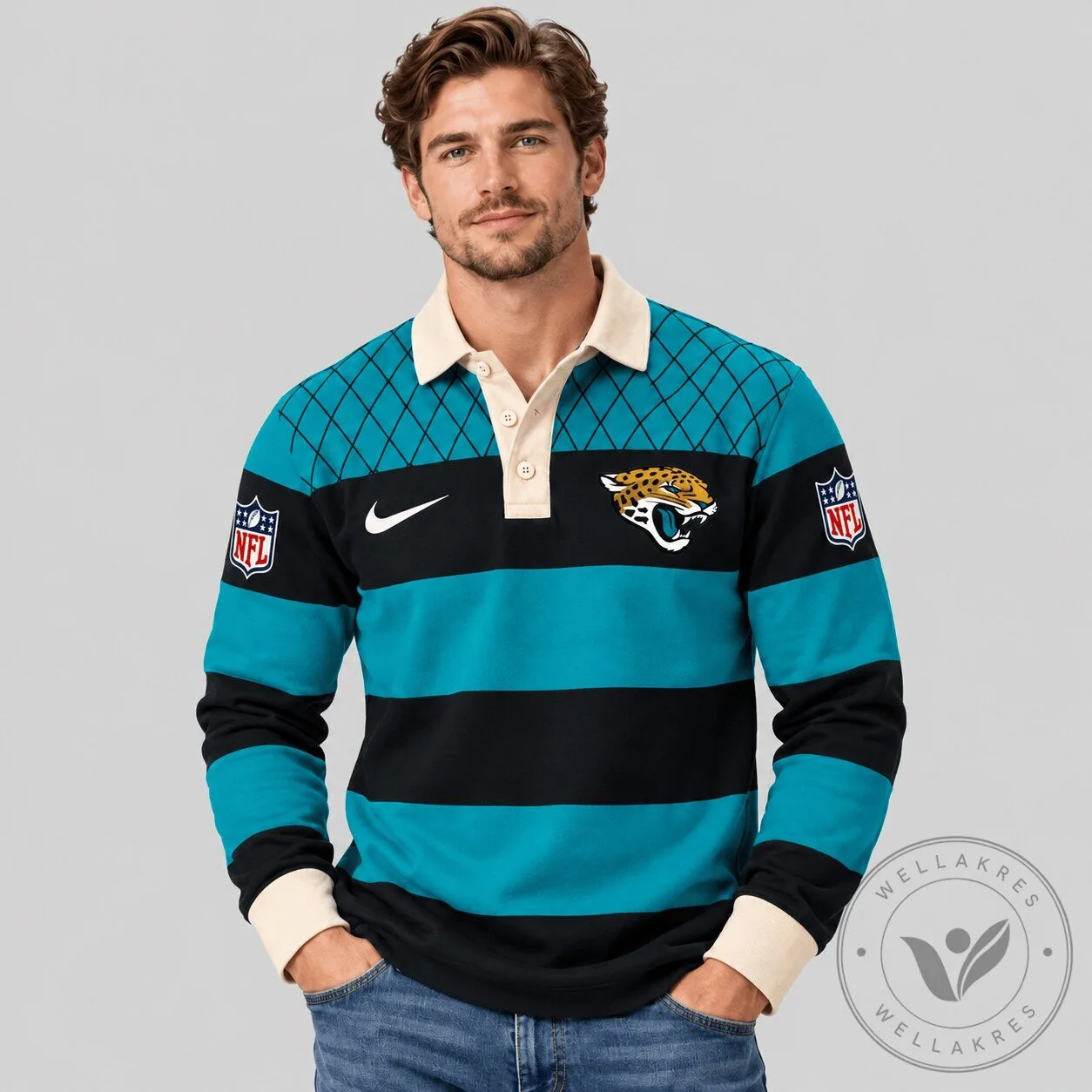 Jacksonville Jaguars NFL Striped Rugby Long Sleeve Polo Shirt for Men