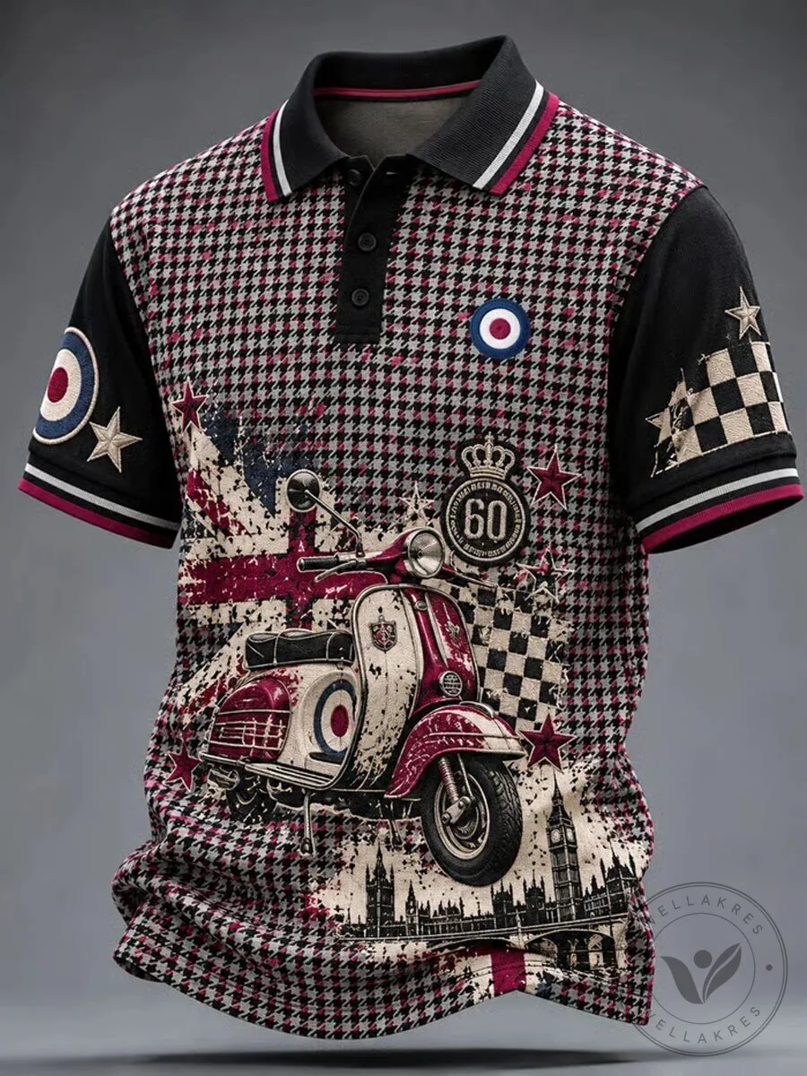 Retro Mod Scooter Houndstooth British Flag Men's Polo Shirt