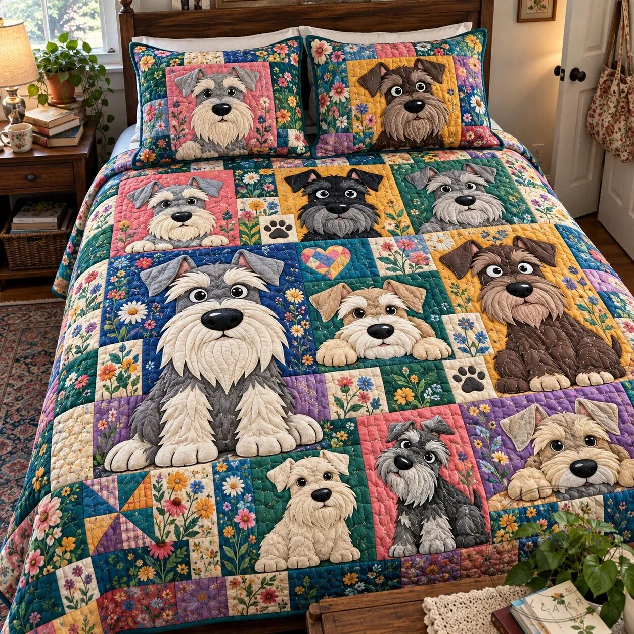 Colorful Schnauzer Dog Breed Quilted Bedding Set with Pillow Shams 7 Colorful Schnauzer Dog Breed Quilted Bedding Set with Pillow Shams
